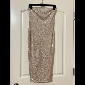 Champagne sequin midi strapless dress